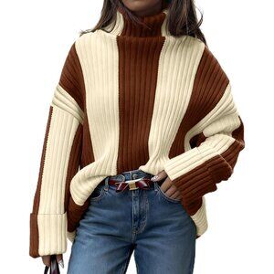 Trendy Color Block Oversized Turtleneck Sweater for Women - Casual & Cozy